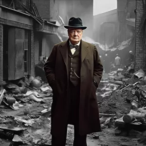AI IMAGE - Portrait of Sir Winston Churchill standing in bomb-damaged London street, 1940s, (2023). Creator: Heritage Images