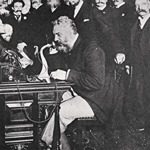 Alexander Graham Bell makes the first telephone call between New York and Chicago, USA, 1892
