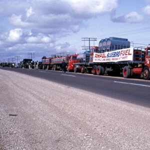 Ampol fuel trucks en route to Lake Eyre for Bluebird CN7 Land Speed Record attempt, 1964