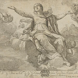 The Assumption of the Virgin, who is seated in the clouds with arms outstretched, ang
