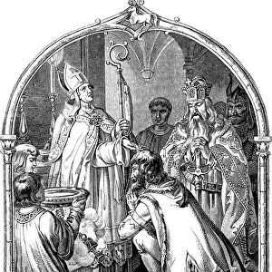 Baptism of Saxon leader Widukind (Illustration from the Geschichte des deutschen Volkes by E. Duller), 1840. Artist: Kirchhoff, Johann Jakob (1796-1848)