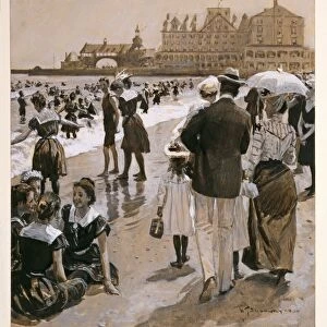 Beach Scene from Harpers Weekly, pub. 1900 (coloured lithograph)