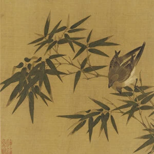 Two birds swinging on a branch of bamboo, Qing dynasty, 18th century. Creator: Unknown