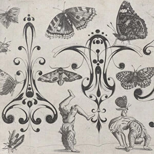 Blackwork Designs with Acrobats, Butterflies and Other Insects, Plate 3 from a Serie... after 1622. Creator: Meinert Gelijs