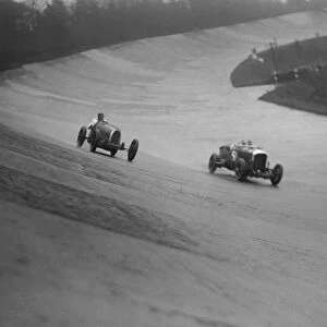 Bugatti and Bentley of Eddie Hall racing at a BARC meeting, Brooklands, Surrey, 1931 Artist