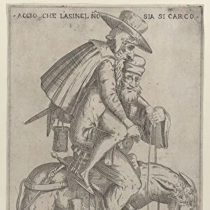 Caricature with two men on a mule, 1575-99. Creator: Giovanni Ambrogio Brambilla