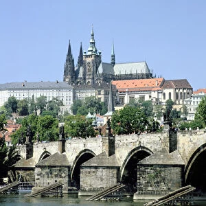 The Charles Bridge the castle and St Vitus Cathedral, Prague, Czech Republic
