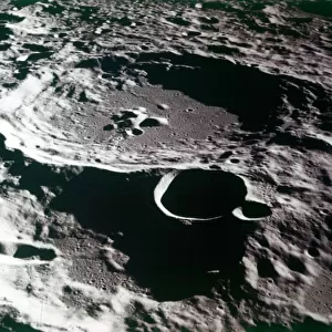 Close-up view of a crater on the surface of the Moon. Creator: NASA