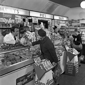 Danish Bacon May Fare shop display, Wath upon Dearne, South Yorkshire, 1964. Artist