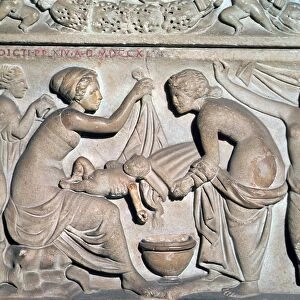 Depiction of bathing a baby from a Roman sarcophagus