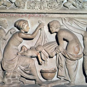 Depiction of bathing a baby from a Roman sarcophagus