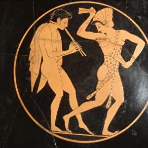 Drinking Cup, (Kylix) of Girl Dancing with Youth Playing Flute, Attic, c510 BC Artist: Epikektos