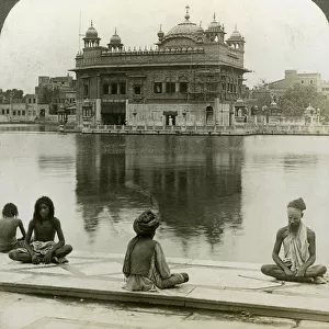 Fakirs at Amritsar, looking south across the Sacred Tank to the Golden Temple, India, c1900s(?)Artist: Underwood & Underwood