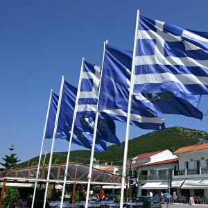 Flags on the quayside, Sami, Kefalonia, Greece