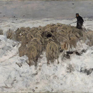 Flock of sheep with shepherd in the snow, 1887-1888. Artist: Mauve, Anton (1838-1888)