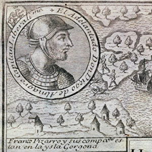 Francisco Pizarro and his companions are on the Gorgona island, engraving from 1726
