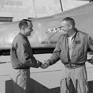 Fred Drinkwater congratulating Neil Armstrong, California, USA, February 1964