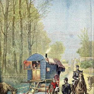 Gendarmes taking census forms to an encampment of itinerant gipsies in their caravan, 1895