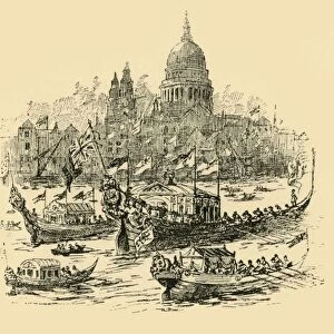 A grand procesiion of decorated barges from Whitehall to Limehouse, (1907). Creator: Unknown