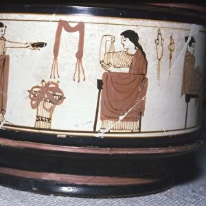 Greek Pyxis, (Cosmetic Box), Women performing domestic tasks, Athens, c460BC-450 BC