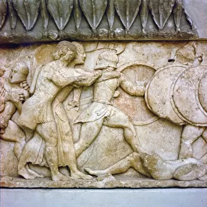 Greek relief detail, Battle of Gods and Giants, Apollo and Artemis fight, 525BC