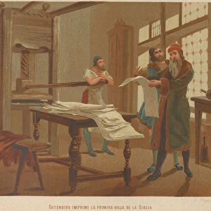 Gutenberg prints the first page of the Bible. From: La ciencia y sus hombres, 1879