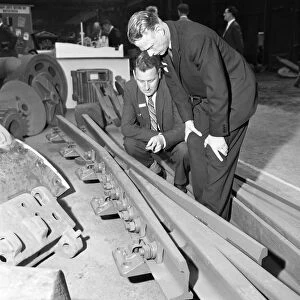 Inspecting a tram junction made at the Edgar Allen Steel Foundry, Meadowhall, Sheffield, 1962