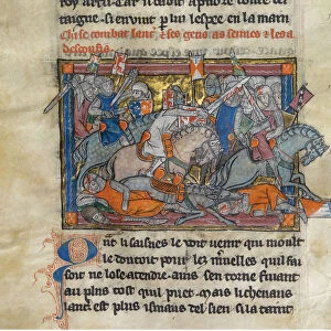 King Arthur fighting the Saxons (from the Rochefoucauld Grail). Artist: Anonymous