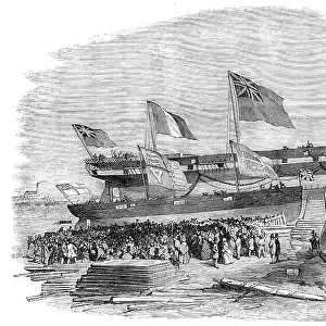 Launch of "The Genova" Steam-ship, at Messrs. Mare's, Blackwall, 1856. Creator: Unknown. Launch of "The Genova" Steam-ship, at Messrs. Mare's, Blackwall, 1856. Creator: Unknown