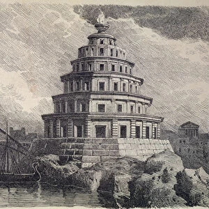 The Lighthouse of Alexandria in the port of the city, German engraving from 1886