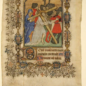 Manuscript Leaf from a Book of Hours... Illuminated Initial D and Christ Bearing the Cross