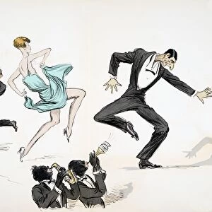 Two men in black tie and woman in bright blue dress dance to jazz, from White Bottoms pub