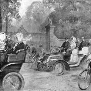Motors and cycles in Kensington High Street, London, 1903. Artist: Percy Spence