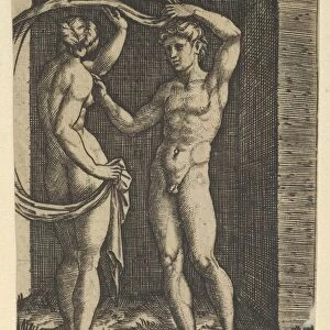 Nude woman viewed from behind holding fabric which blows behind her, looking at m... ca. 1500-1534. Creator: Marcantonio Raimondi