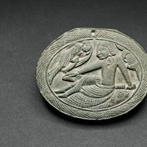 Oval Cosmetic Box Lid with a Man Being Entertained by a Lyrist, 5th / 6th century