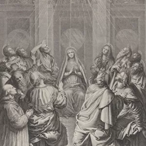 The Pentecost, with the Apostles and the Virgin sitting in a circle, the Holy Spirit ap