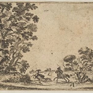 Plate 4: a deer hunt, two horsemen galloping towards the rightbehind three dogs