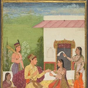 A prince conversing with a woman while taking refreshments on a terrace (recto)