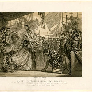 Queen Elizabeth Knighting Drake on board the Golden Hind... April 4th 1581, (19th century). Artist: F Fraenkel