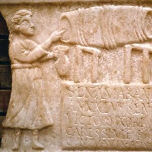 Roman relief, a woman draws wine from a cask at a Tavern, Merida, Spain, c2nd-3rd century