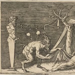 A satyr discovering a sleeping woman; two crabs hanging from a rope which is strung