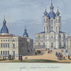 The Smolny Resurrection Cathedral in Saint Petersburg, 1830-1840s. Artist: French master