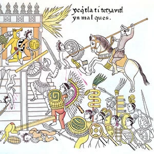 Spanish conquistadors with their native Tlazcalan allies attacking an Aztec temple, 16th century
