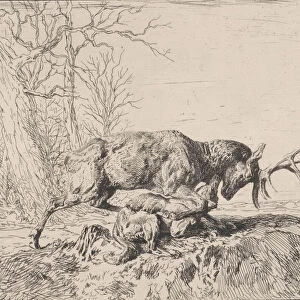 Stag Fighting a Wolf, after Antoine Louis Barye, 1846. Creator: Charles Emile Jacque