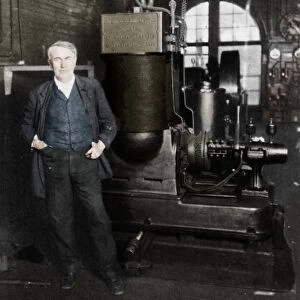 Thomas Alva Edison, American inventor, with his first dynamo for producing electric light, 1880s