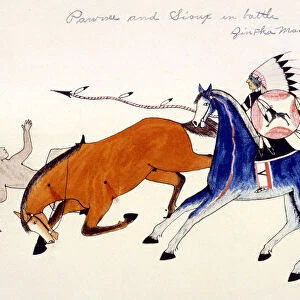 Unhorsing of a Pawnee warrior by Dakota Sioux warrior Zintka Mato (Dog Bear), c1889-1927. Artist: Kills Two