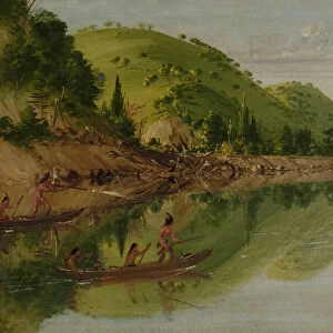View on the St. Peters River, Sioux Indians Pursuing a Stag in their Canoes, 1836-1837