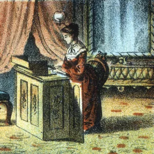 Woman using sewing machine patented by Elias Howe [c1878]