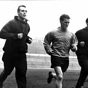 Geoff Sidebottom (left), Aston Villa F. C. goalkeeper, training with Bobby Thomson, and Nigel Sims 1961