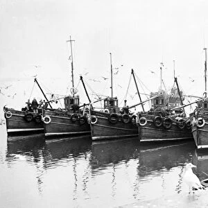 Newhaven fishing boats tied up alongside the harbour wall 1954